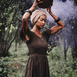 Brown Organic Linen Goddess Dress with V-shape Open Back - AYA Sacred Wear