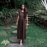Brown Organic Linen Goddess Dress with V-shape Open Back - AYA Sacred Wear