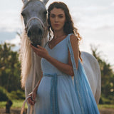 Boho Macrame Bridesmaid Dress, Off-White to Sky Blue Multiway Dress by AYA Sacred Wear