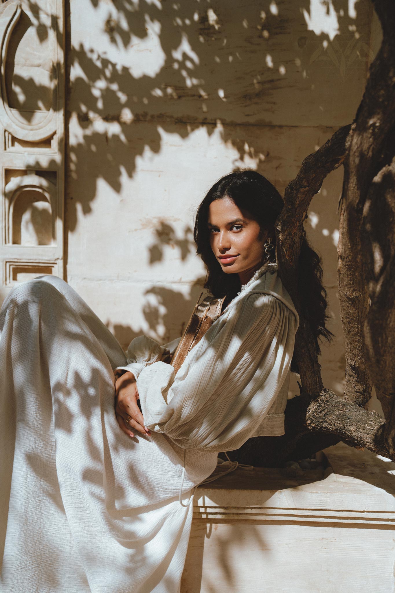 Powder Blue Puff Sleeves Top - Hand Embroidered Boho Crop Top, made of structured linen and light organic mixed cotton sleeves.