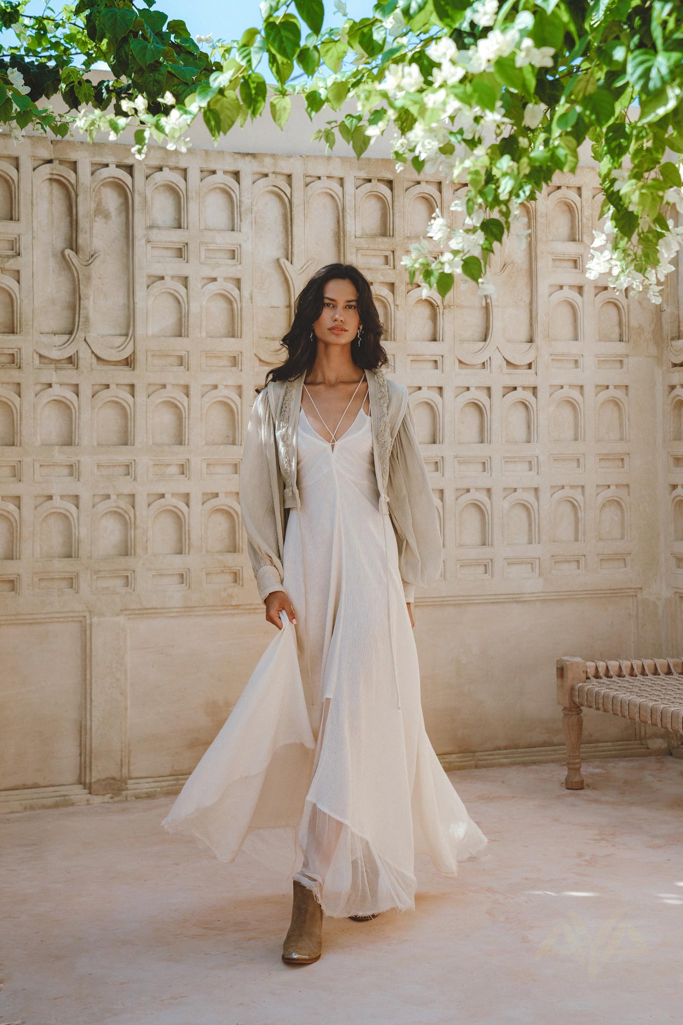 Exquisite Powder Blue Jacket with Puff Sleeves and Hand Embroidery - Boho Tassel Crop Top made of Organic Linen and Cotton.