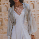 Artisan-Crafted Powder Blue Jacket with Adjustable Bohemian Design - Hand-Embroidered, Organic Linen and Mixed Cotton Sleeves.