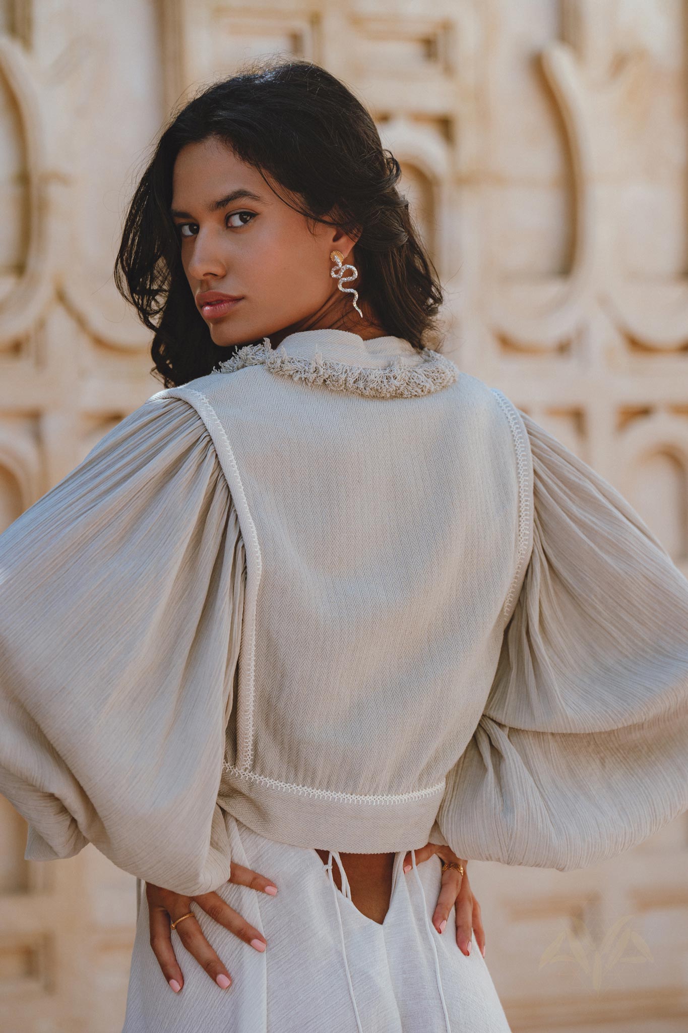 Hand-Embroidered Bohemian Jacket with Organic Linen Base - Powder Blue Puff Sleeves, Tropical Crop Top with Tassels.