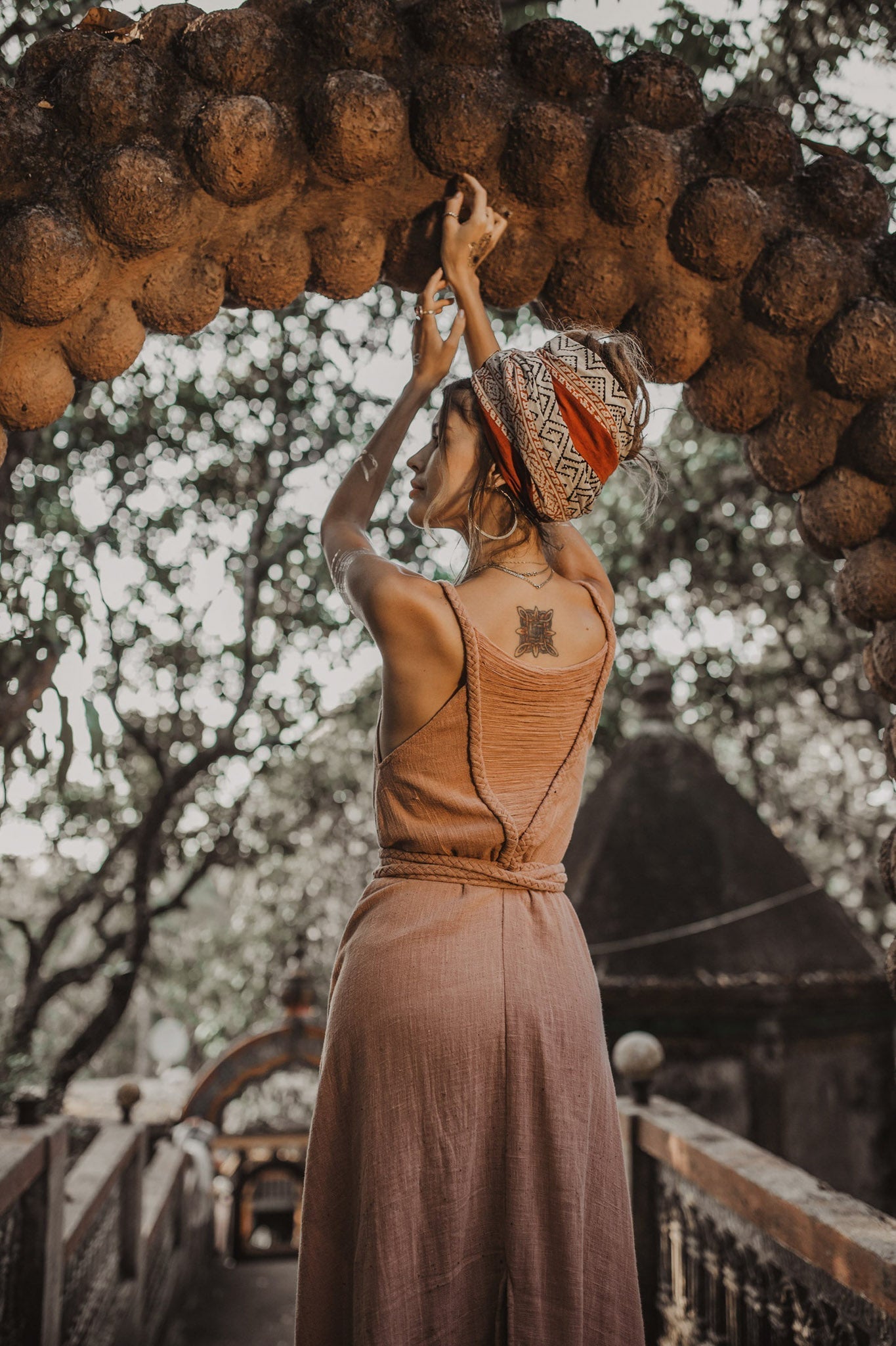 Dusty Pink Organic Bohemian Maxi Bridesmaid Dress with Hand Loomed Threaded Back - AYA Sacred Wear