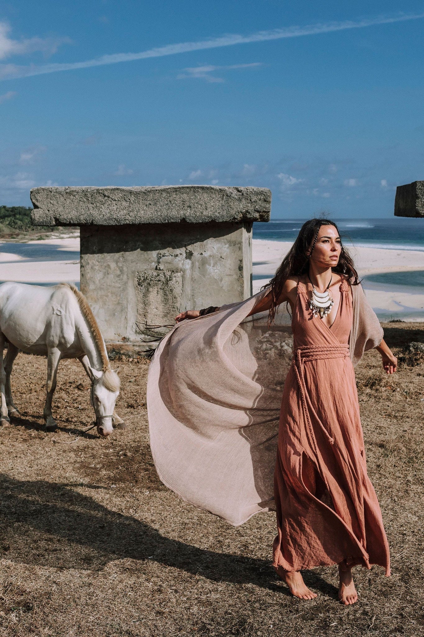 Dusty Pink Organic Bohemian Maxi Bridesmaid Dress with Hand Loomed Threaded Back - AYA Sacred Wear
