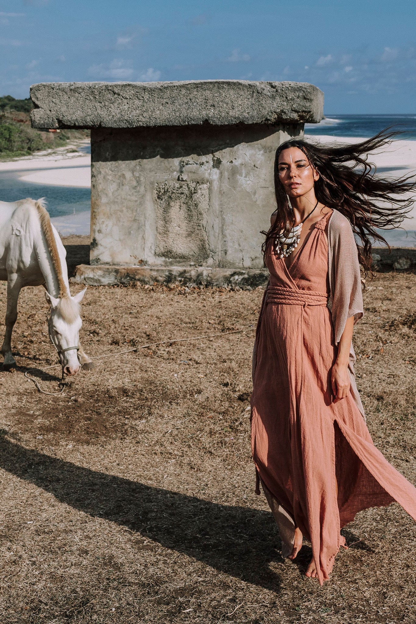 Dusty Pink Organic Bohemian Maxi Bridesmaid Dress with Hand Loomed Threaded Back - AYA Sacred Wear