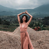 Dusty Pink Organic Bohemian Maxi Bridesmaid Dress with Hand Loomed Threaded Back - AYA Sacred Wear