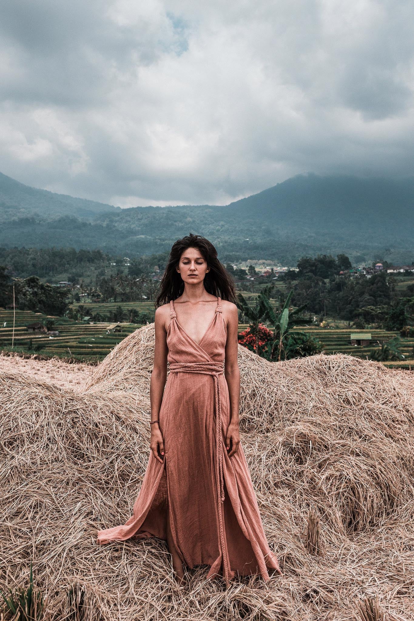 Dusty Pink Organic Bohemian Maxi Bridesmaid Dress with Hand Loomed Threaded Back - AYA Sacred Wear