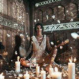 In a rustic wooden room filled with lit candles and scattered flower petals, a person sits cross-legged, wearing the Off-White Nomad Spirit Dress from AYA Sacred Wear. Crafted from organic fabric, this adjustable multiway dress enhances their relaxed demeanor as they gaze directly ahead. Ambient light casts intricate patterns on the walls.