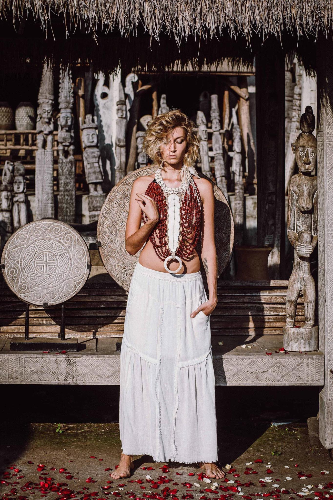 Off-White Long Boho Skirt with Pockets - AYA Sacred Wear