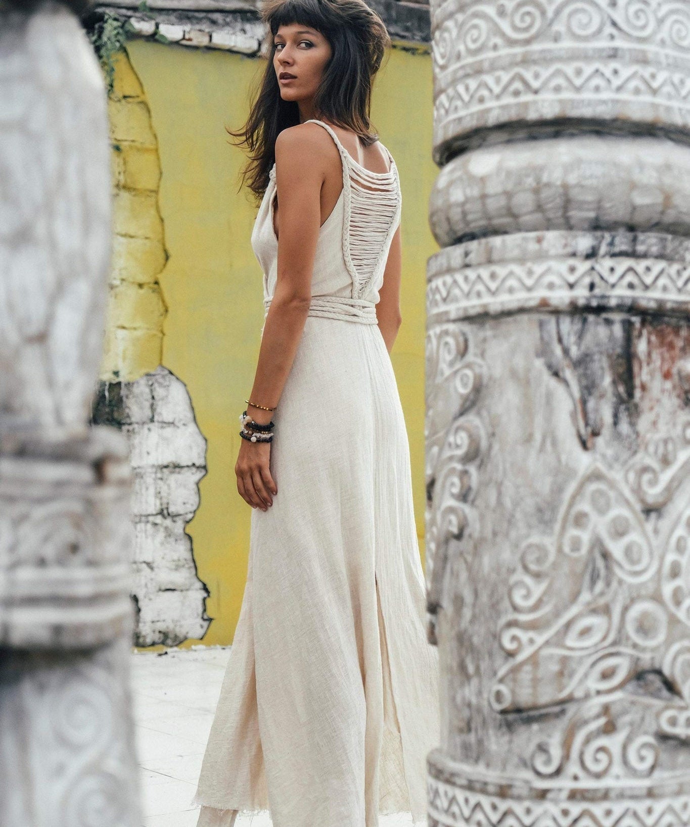 Off-White Handwoven Wrap Maxi Dress with Hand Loomed Back - AYA sacred wear