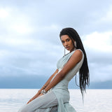 A stunning blue boho jumpsuit for women, created with exquisite silk and cotton.