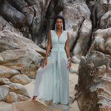 A one-of-a-kind blue boho jumpsuit for women, made with luxurious silk and cotton.