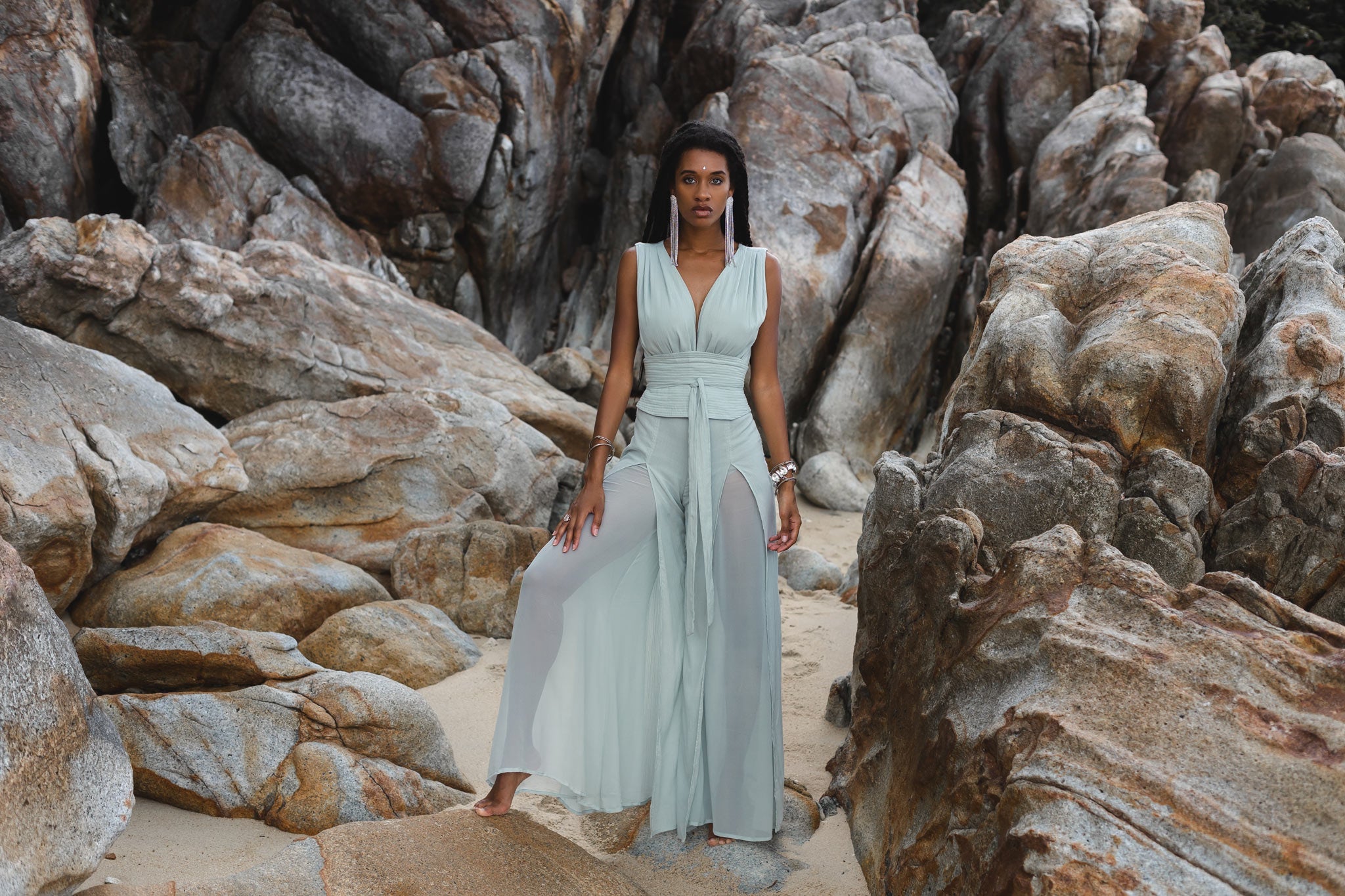 A one-of-a-kind blue boho jumpsuit for women, made with luxurious silk and cotton.