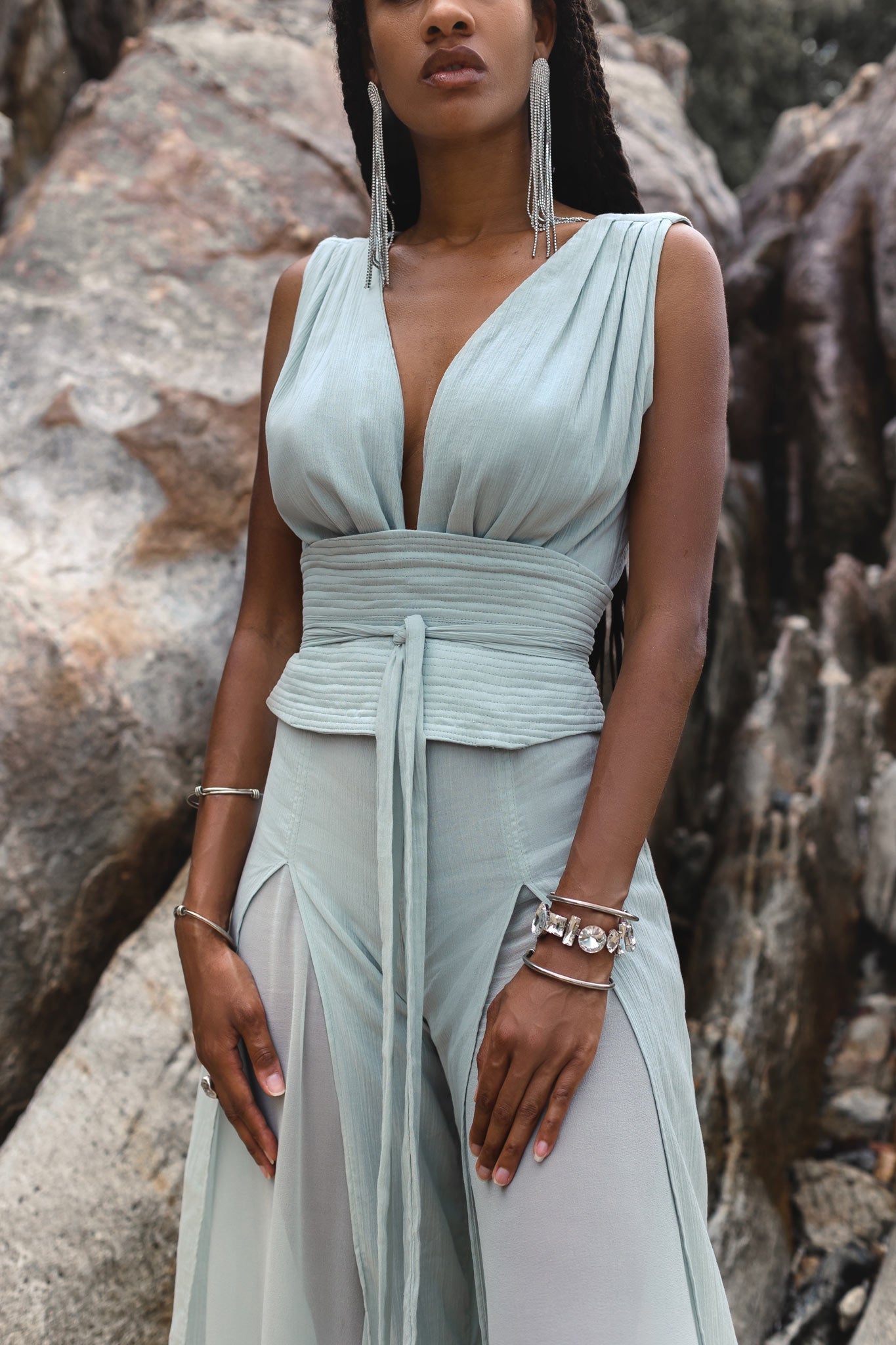 A beautiful blue boho jumpsuit for women, created with both style and comfort in mind, made with silk and cotton.