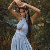 This boho evening dress is perfect for any summer event. The light blue color is perfect for any type of body.