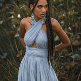 This light blue bohemian dress is perfect for an evening out!