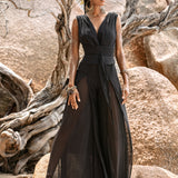 Black boho jumpsuit for women, made with silk and cotton.