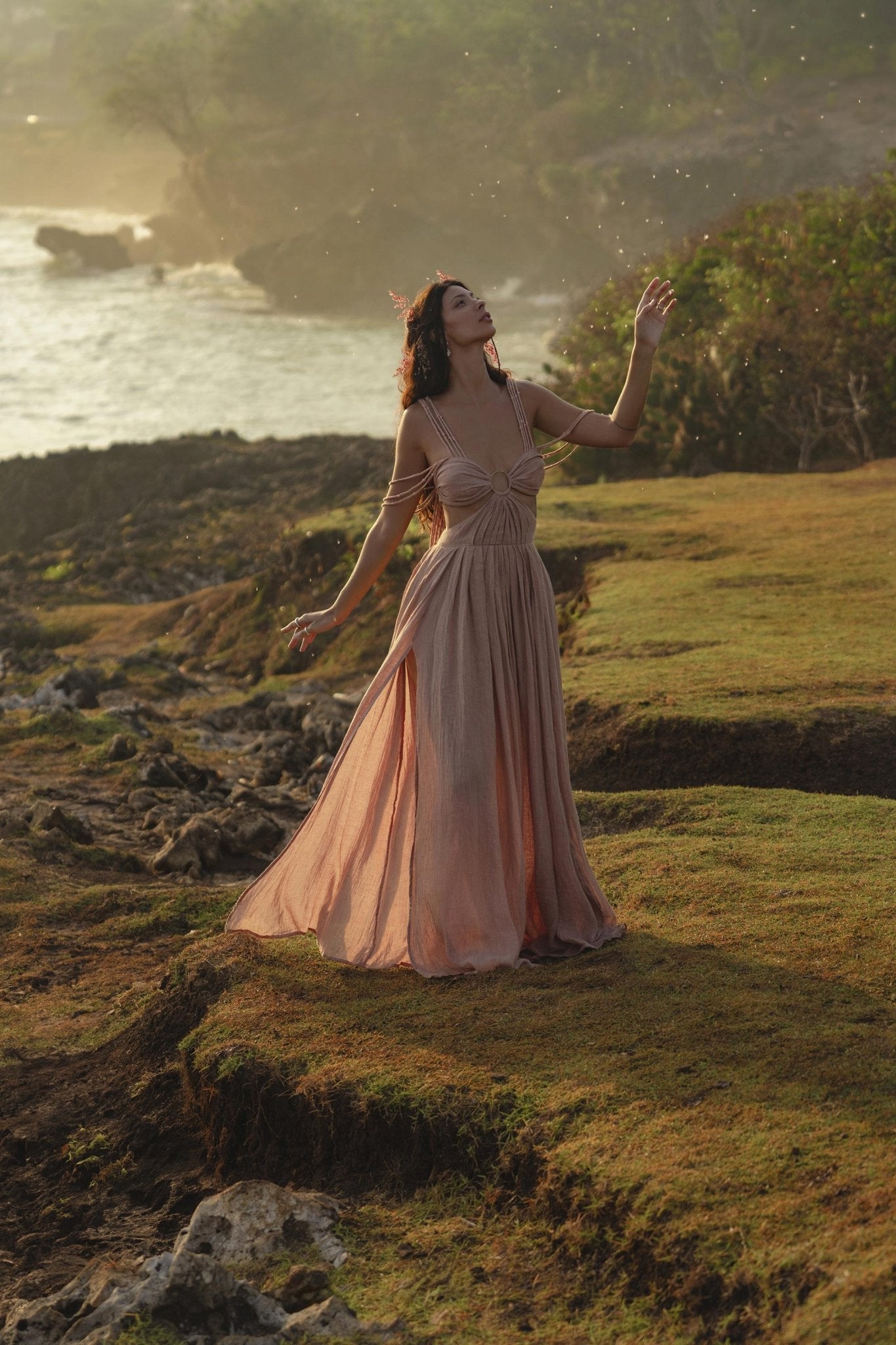 Ananda Lālita Dress Blush Rose – Crinkle Linen Goddess Dress - AYA Sacred Wear