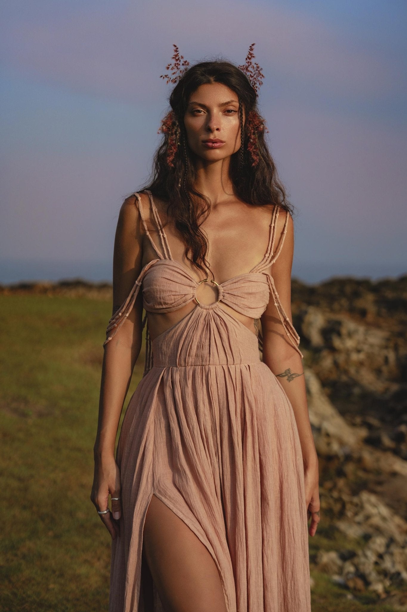 Ananda Lālita Dress Blush Rose – Crinkle Linen Goddess Dress - AYA Sacred Wear