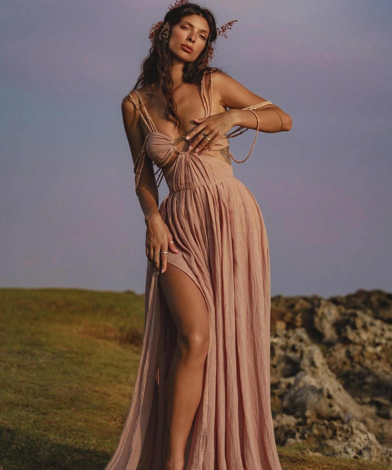 Ananda Lālita Dress Blush Rose – Crinkle Linen Goddess Dress - AYA Sacred Wear