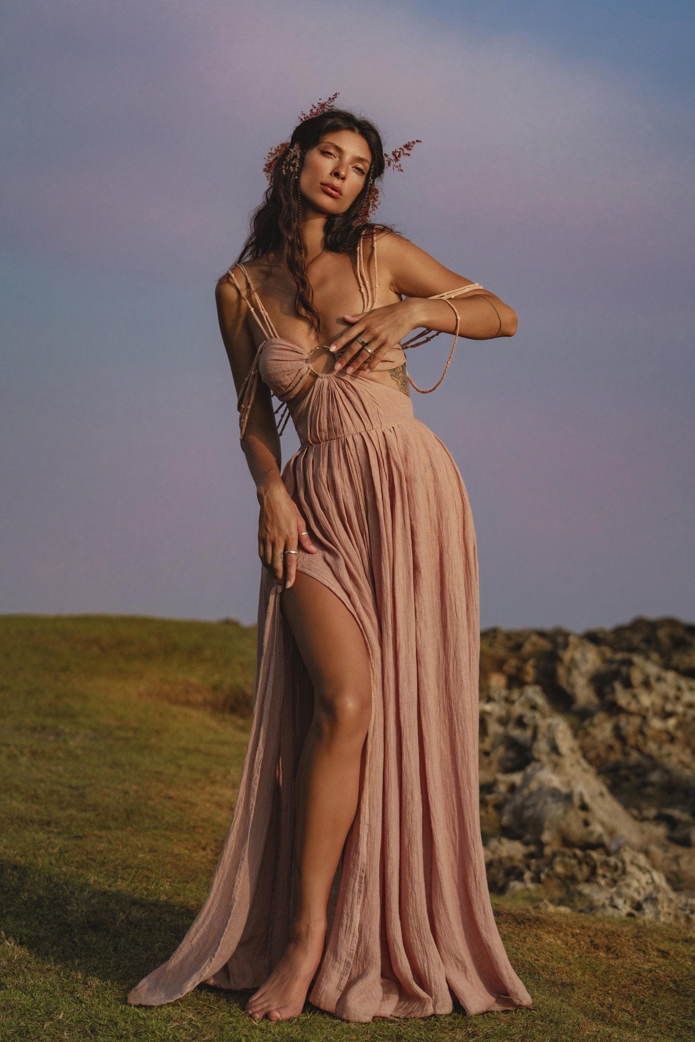 Ananda Lālita Dress Blush Rose – Crinkle Linen Goddess Dress - AYA Sacred Wear