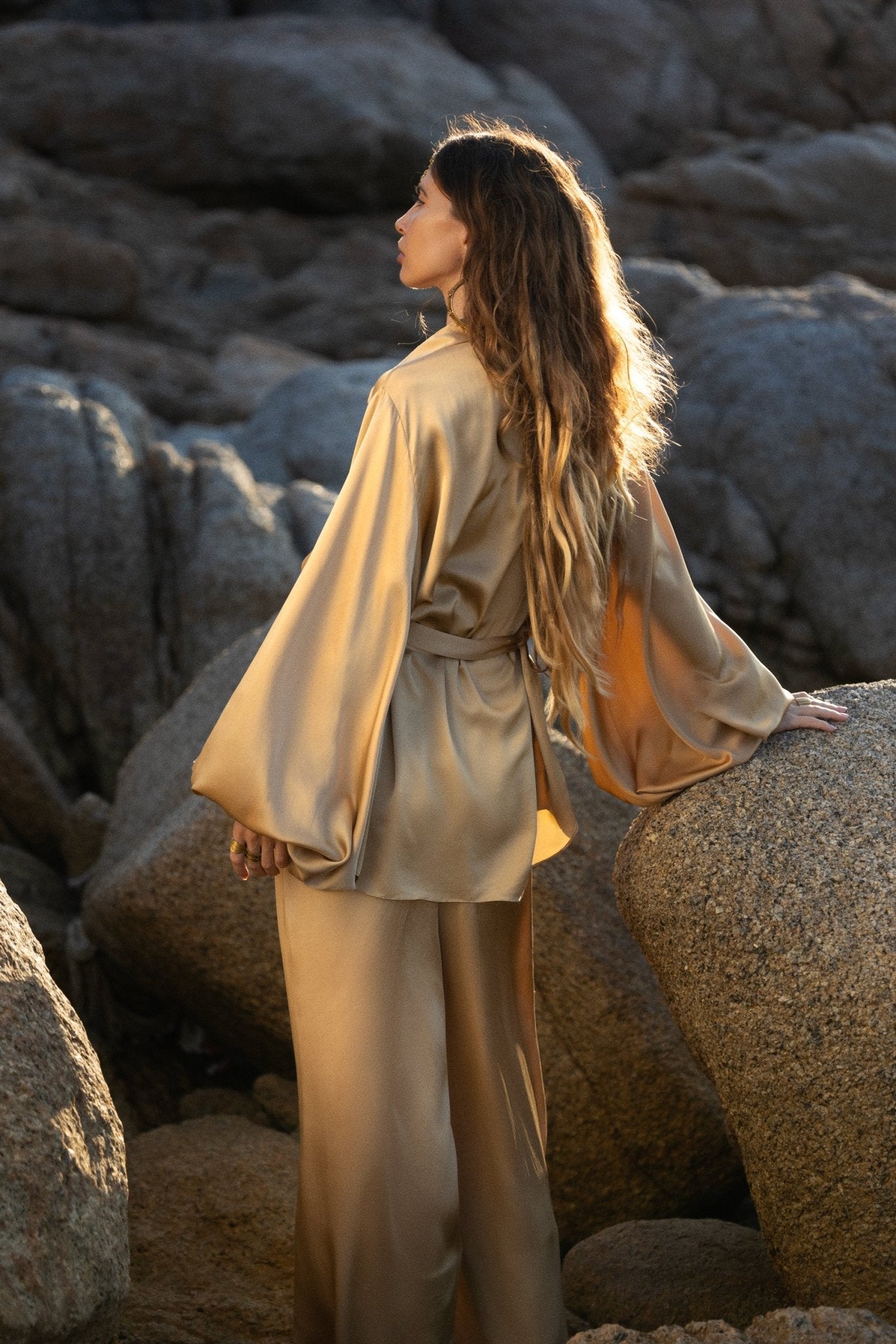 Apsara Kimono Blouse Inka Gold – Pure Silk Top for Women - AYA Sacred Wear