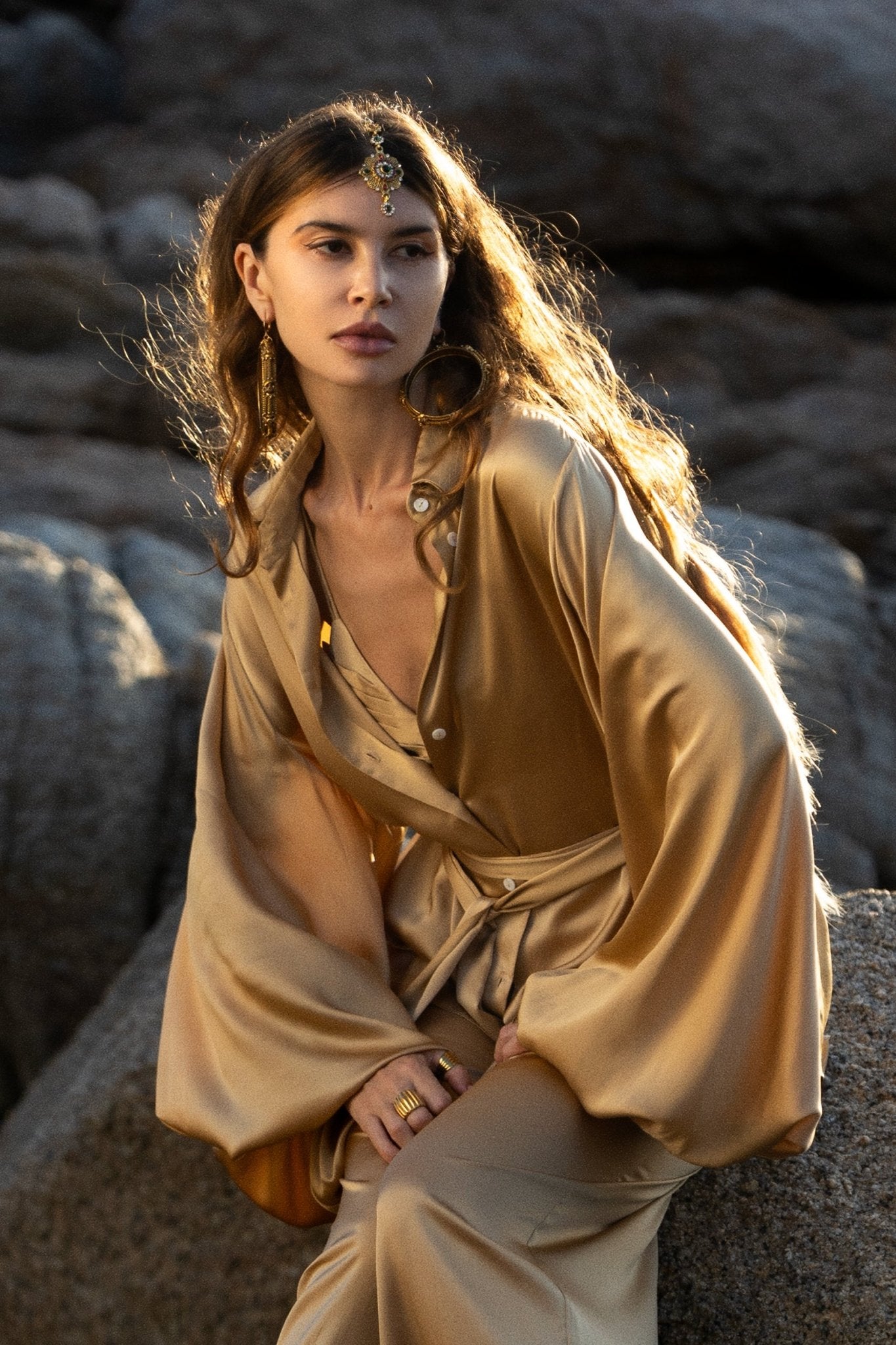 Apsara Kimono Blouse Inka Gold – Pure Silk Top for Women - AYA Sacred Wear