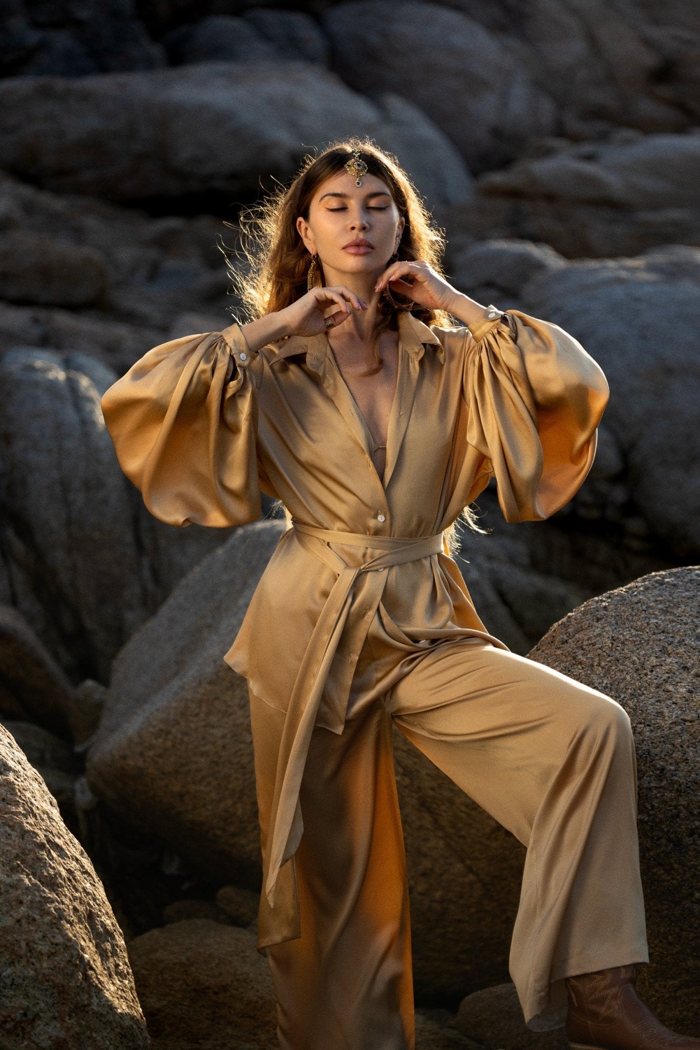 Apsara Kimono Blouse Inka Gold – Pure Silk Top for Women - AYA Sacred Wear