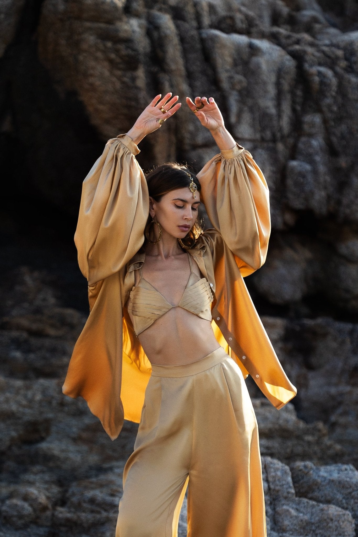 Apsara Kimono Blouse Inka Gold – Pure Silk Top for Women - AYA Sacred Wear