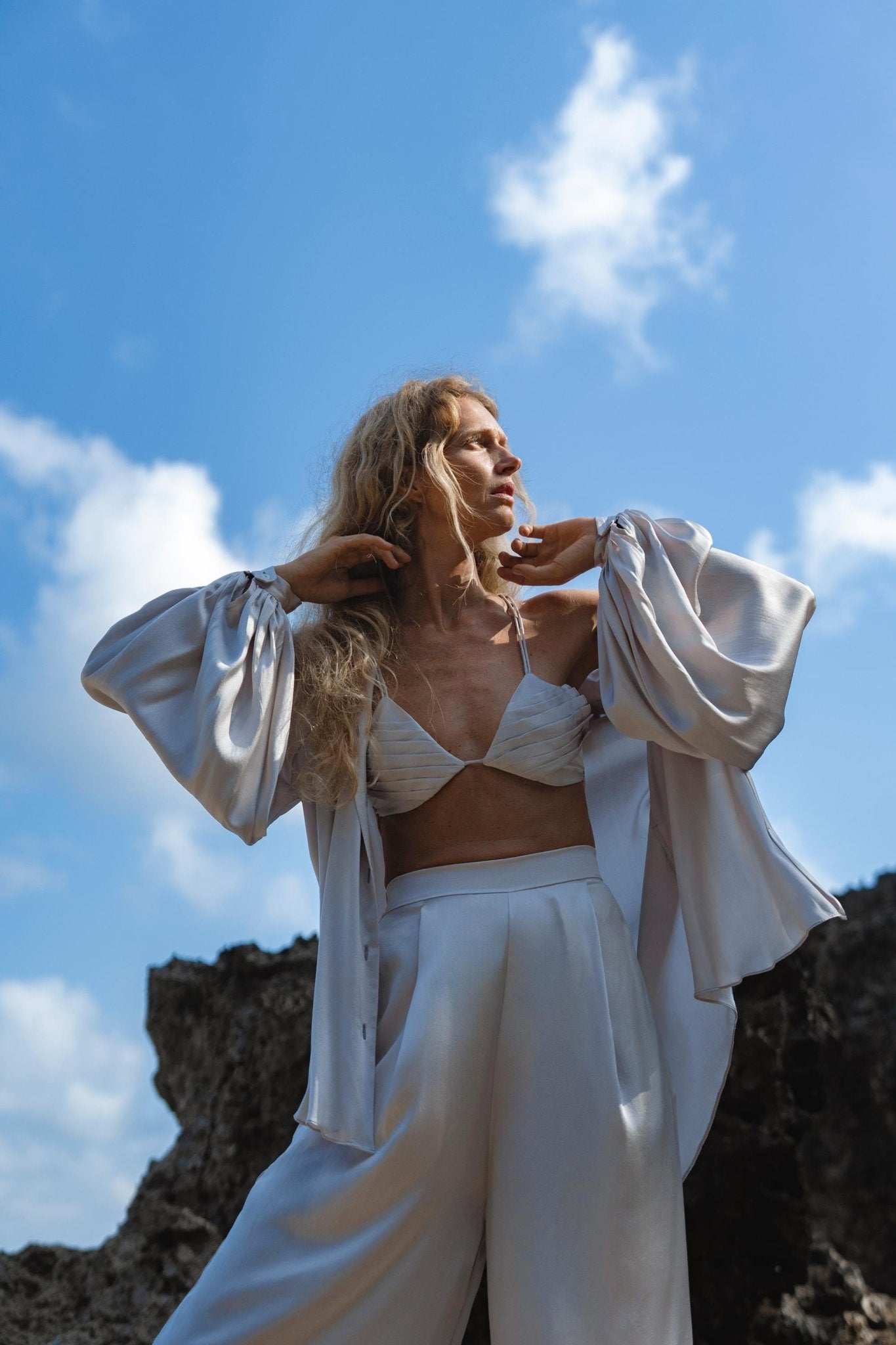 Apsara Mist Light Blue Silk Kimono Blouse Balloon Sleeves Organic Boho Robe Jacket Top - AYA Sacred Wear