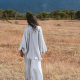 Apsara Mist Light Blue Silk Kimono Blouse Balloon Sleeves Organic Boho Robe Jacket Top - AYA Sacred Wear