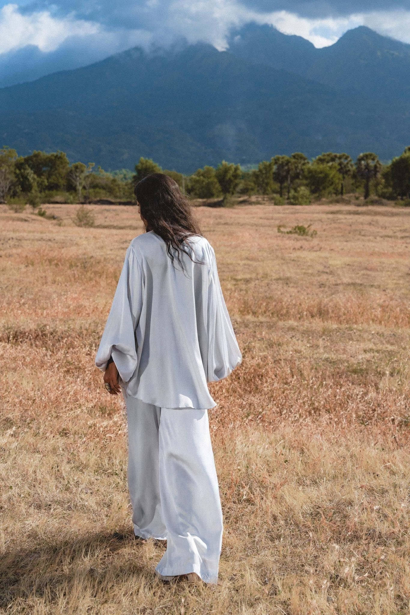 Apsara Mist Light Blue Silk Kimono Blouse Balloon Sleeves Organic Boho Robe Jacket Top - AYA Sacred Wear