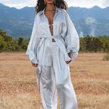 Apsara Mist Light Blue Silk Kimono Blouse Balloon Sleeves Organic Boho Robe Jacket Top - AYA Sacred Wear