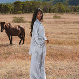 Apsara Mist Light Blue Silk Kimono Blouse Balloon Sleeves Organic Boho Robe Jacket Top - AYA Sacred Wear