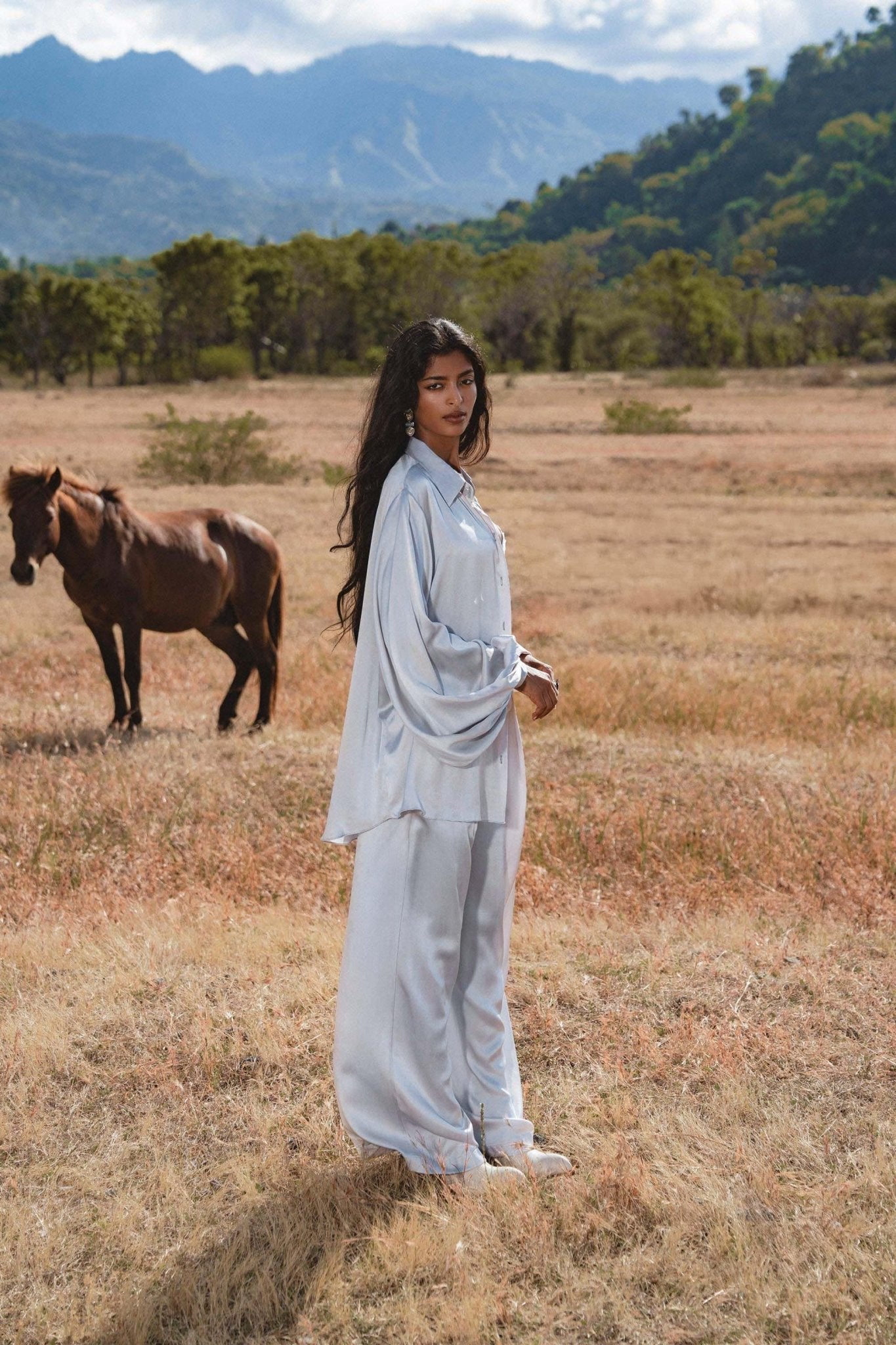 Apsara Mist Light Blue Silk Kimono Blouse Balloon Sleeves Organic Boho Robe Jacket Top - AYA Sacred Wear