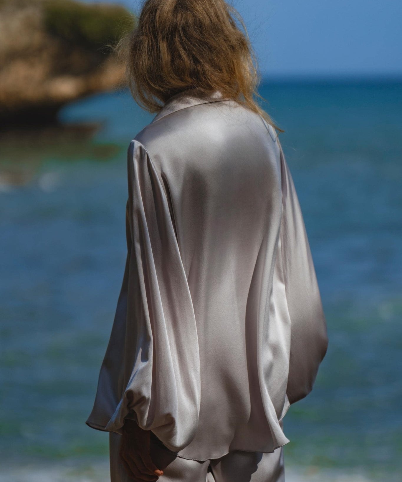 Apsara Mist Light Blue Silk Kimono Blouse Balloon Sleeves Organic Boho Robe Jacket Top - AYA Sacred Wear