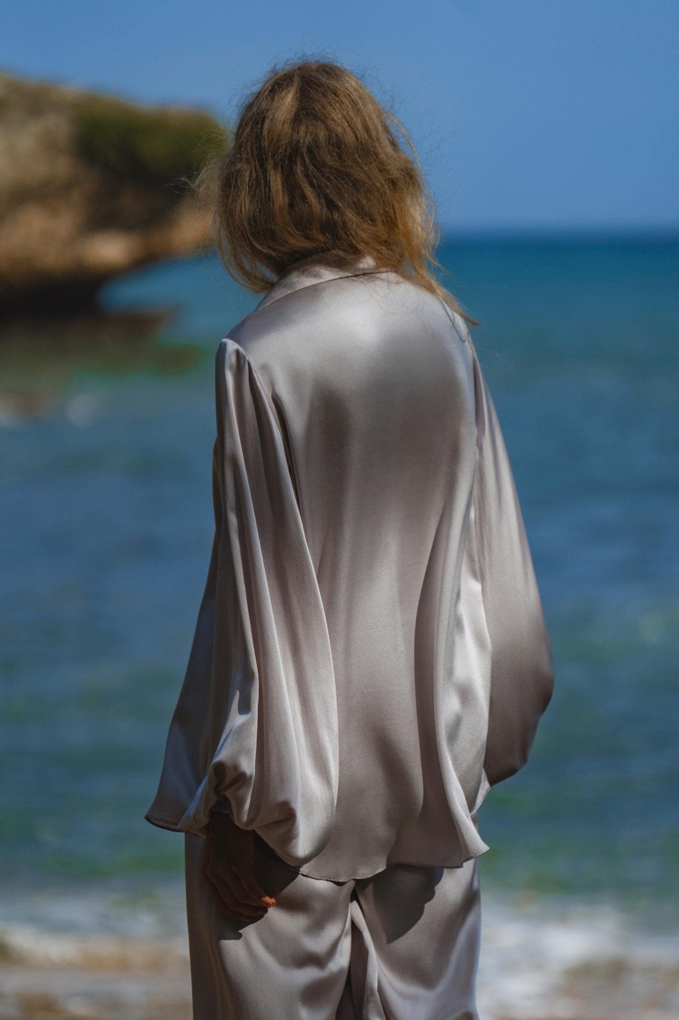 Apsara Mist Light Blue Silk Kimono Blouse Balloon Sleeves Organic Boho Robe Jacket Top - AYA Sacred Wear