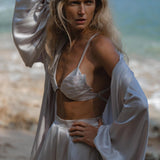 Apsara Mist Light Blue Silk Kimono Blouse Balloon Sleeves Organic Boho Robe Jacket Top - AYA Sacred Wear