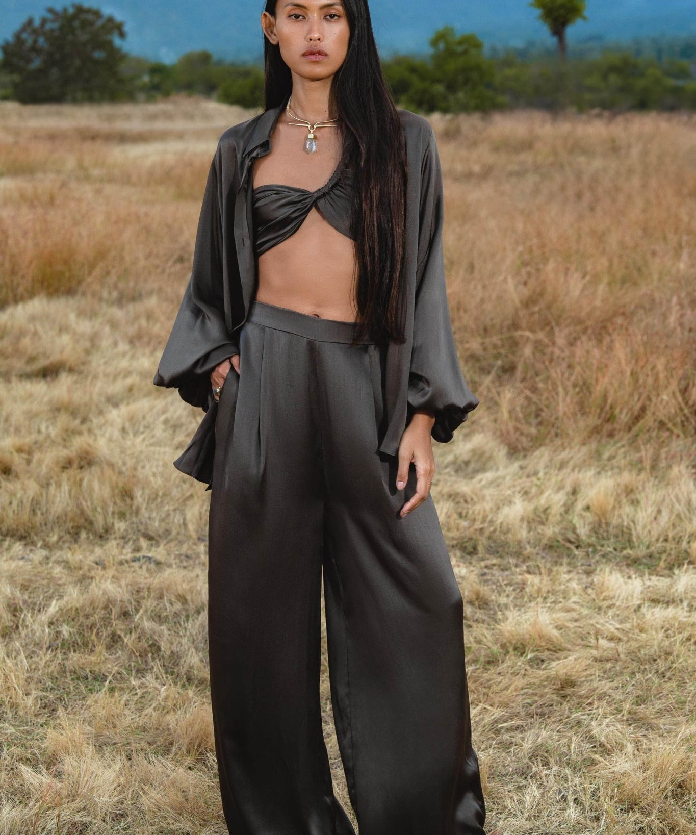 Apsara Pants in Asphalt Gray – Pure Silk Flowy Pants - AYA Sacred Wear