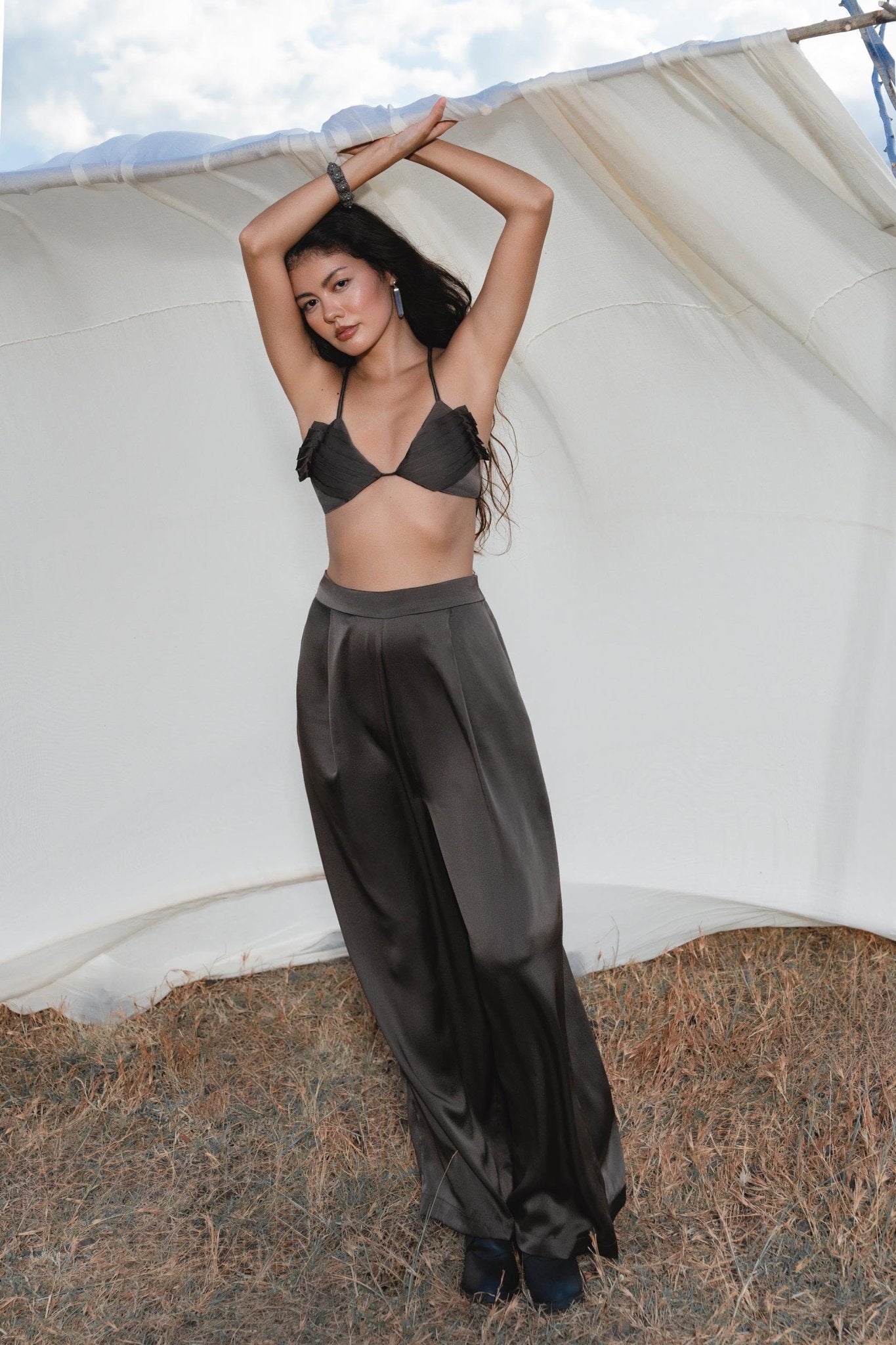 Apsara Pants in Asphalt Gray – Pure Silk Flowy Pants - AYA Sacred Wear