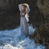 Apsara Silk Pants Mist Blue, Pure Flowy Trousers, Organic Lounge Pants • Resort Wear - AYA Sacred Wear