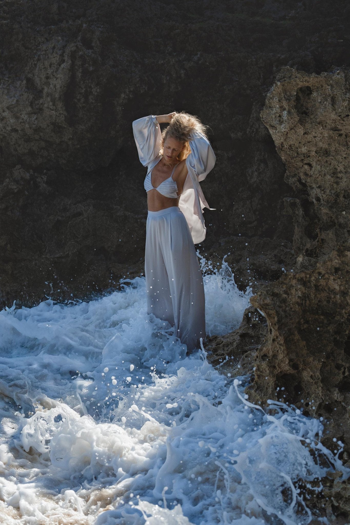 Apsara Silk Pants Mist Blue, Pure Flowy Trousers, Organic Lounge Pants • Resort Wear - AYA Sacred Wear