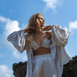 Apsara Silk Pants Mist Blue, Pure Flowy Trousers, Organic Lounge Pants • Resort Wear - AYA Sacred Wear