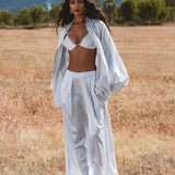 Apsara Silk Pants Mist Blue, Pure Flowy Trousers, Organic Lounge Pants • Resort Wear - AYA Sacred Wear