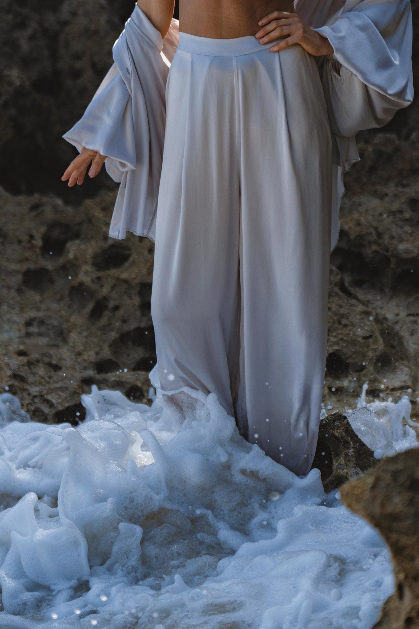 Apsara Silk Pants Mist Blue, Pure Flowy Trousers, Organic Lounge Pants • Resort Wear - AYA Sacred Wear