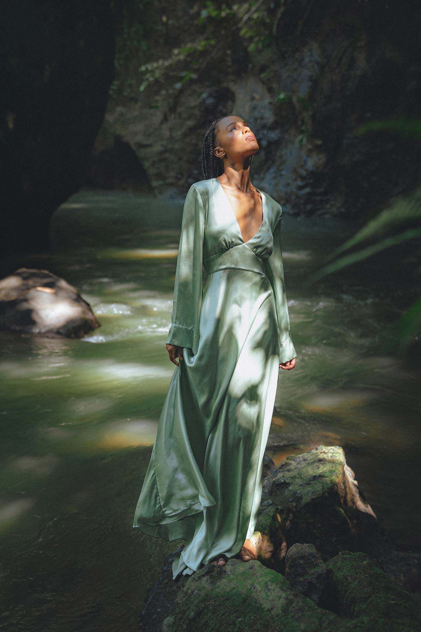 Aquamarine Sundari Goddess Silk Gown • Bridesmaid Wedding Dress • Bohemian Silk Maxi Dress - AYA Sacred Wear