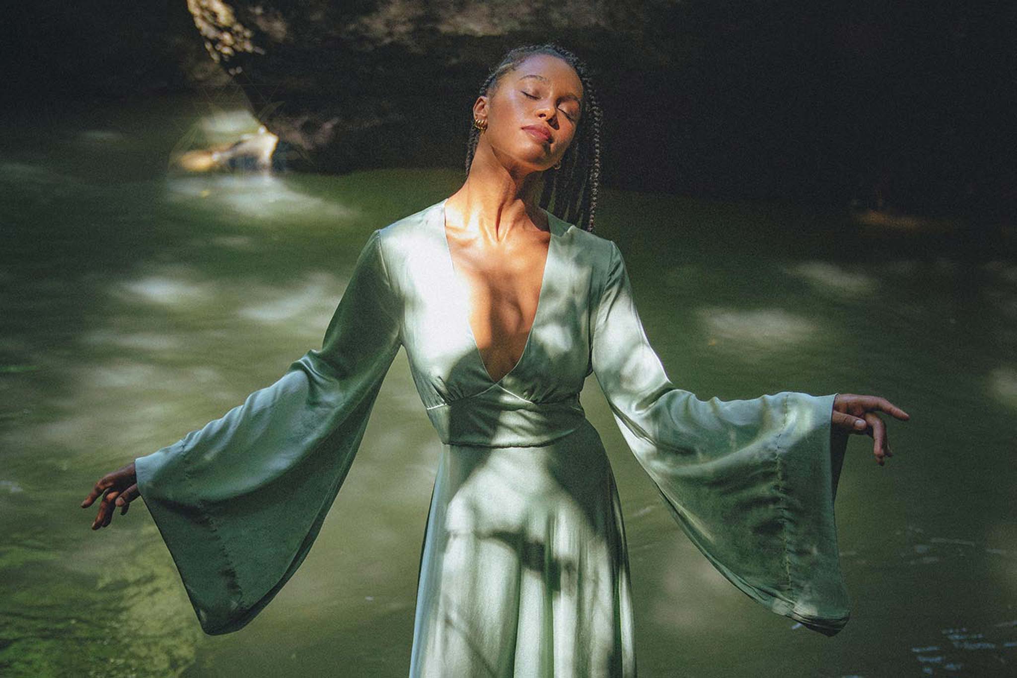 Aquamarine Sundari Goddess Silk Gown • Bridesmaid Wedding Dress • Bohemian Silk Maxi Dress - AYA Sacred Wear