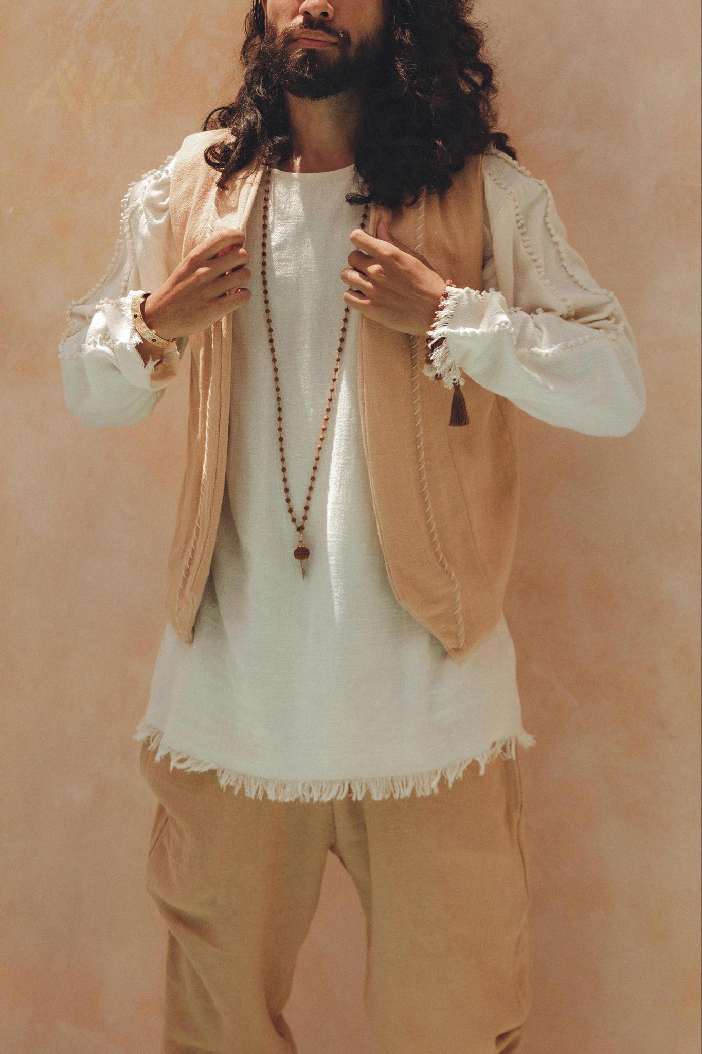 Beige Hand Embroidered Vest for Men By AYA Sacred Wear