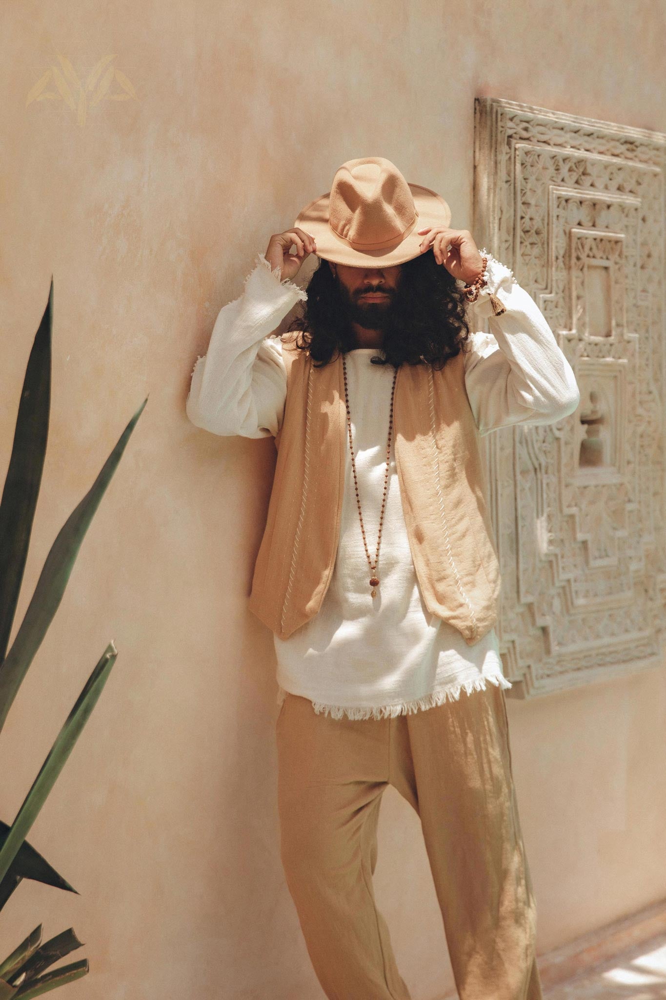 Beige Hand Embroidered Vest for Men - AYA Sacred Wear